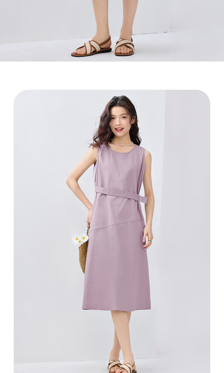 Giordano Women's Summer Dress, Lyocell Solid Color Waist Belt Round Neck Vest Dress 13465321 14