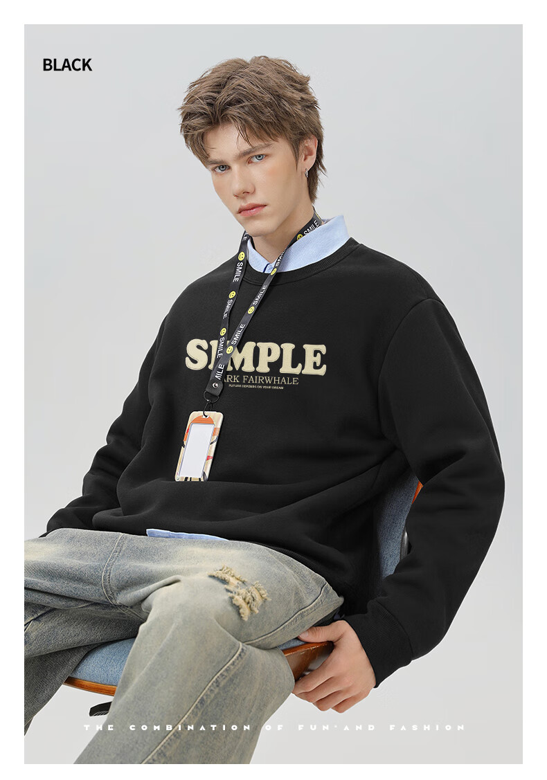 Mark Fairwhale Fleece Lined Men's Sweatshirt Autumn Winter Crewneck Loose Heavyweight Long Sleeve Jacket Black XL 9