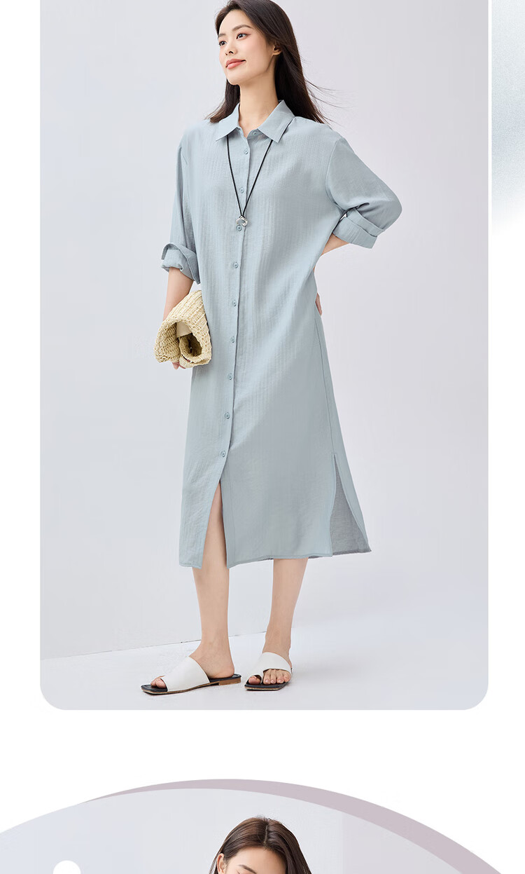 Giordano Women's Dress, 2026 Spring New Style, Side Slit with Subtle Stripes, Long-Sleeve Shirt Dress for Women, 05465070 12