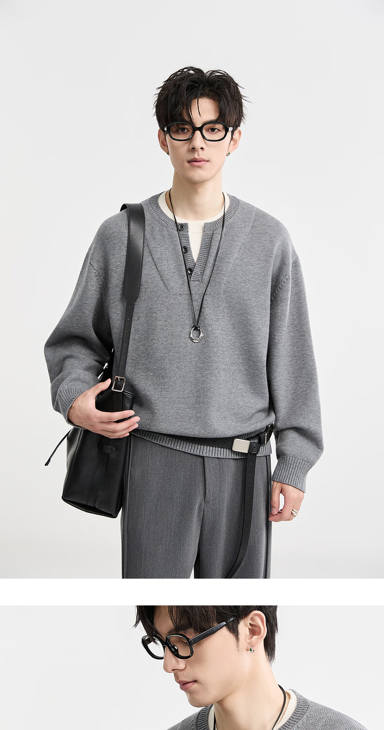 Earl Zuoer Wool Blend Two-in-One Henry Collar Autumn 2025 Long Sleeve Knit Base Shirt Men's Colorblock Sweater 19