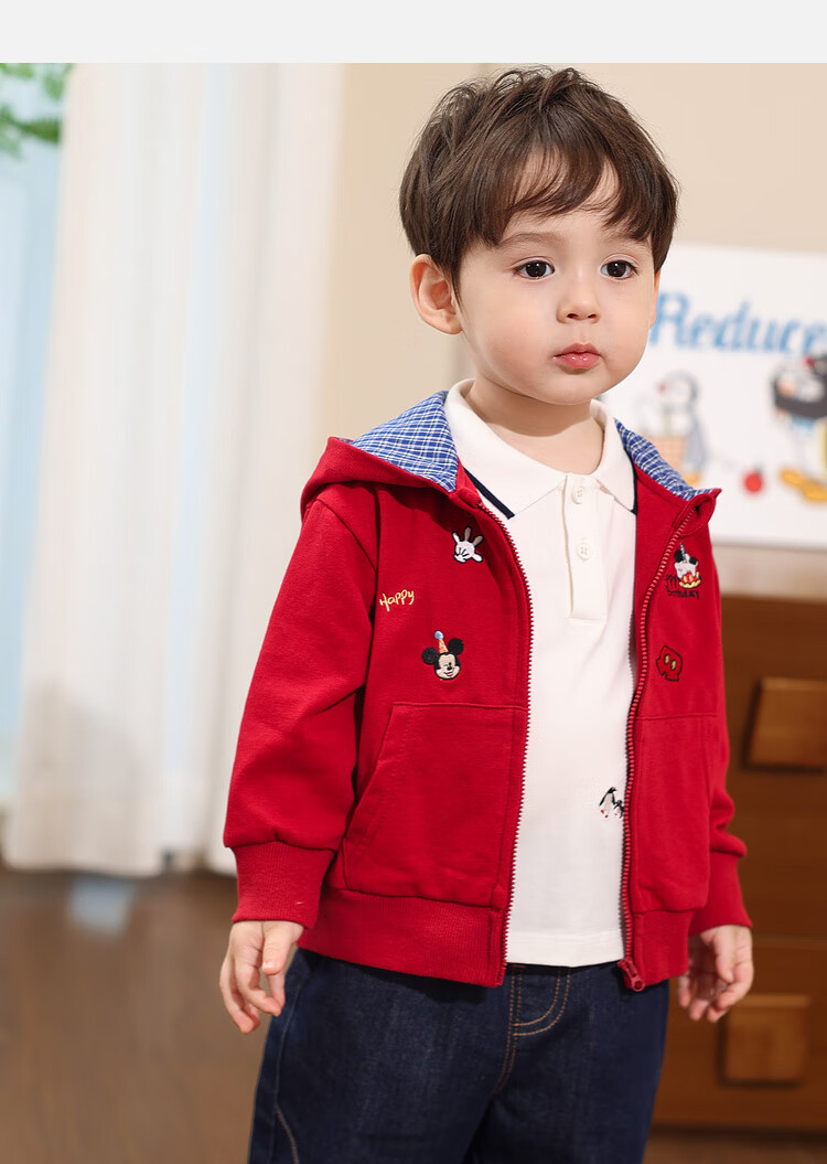 LUSON Little O Dad Boys' Baby Jacket Spring Hooded Red 2025 New Boys' Sweatshirt Baby Cardigan Spring Autumn Wear 12