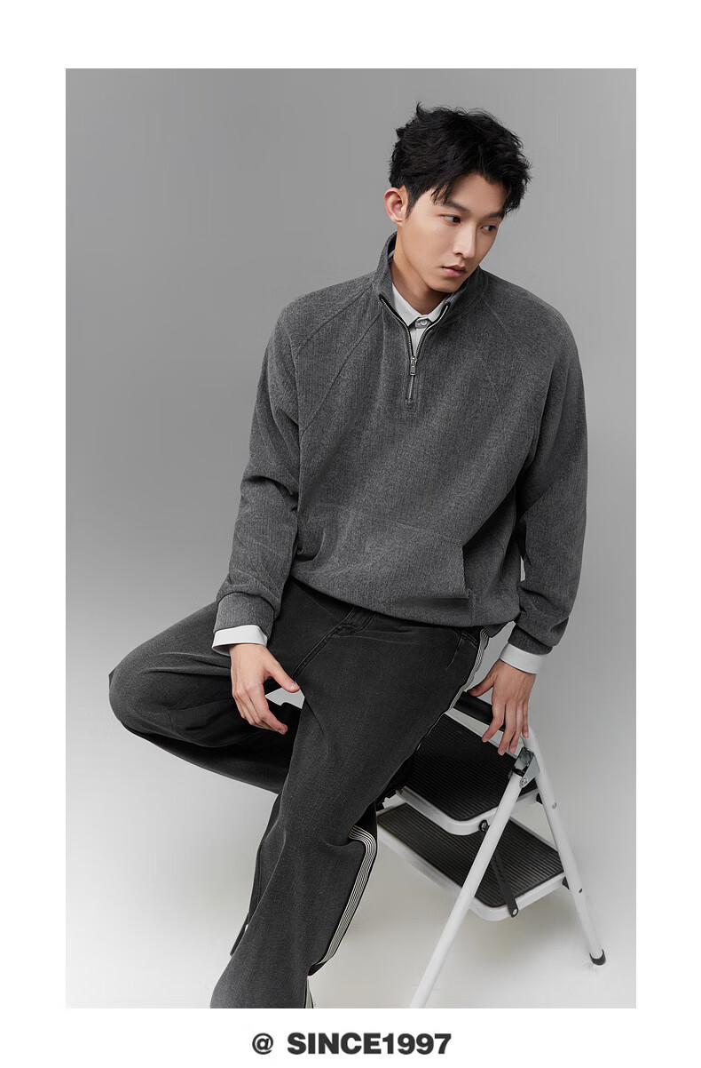 CABBEEN Velvet Y-Axis Stripe Men's Sweatshirt Special Fabric LOGO Single C Embroidery Winter Long Sleeve Sweatshirt 3
