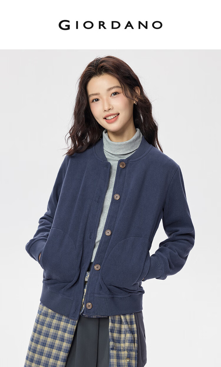 Giordano Women's Fleece Baseball Jacket Autumn Winter Casual Fleece Collar Coat 13375784 3