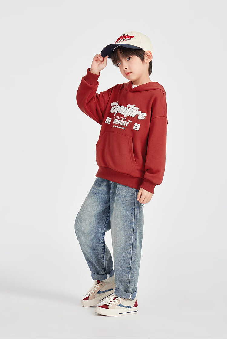 Duoduo Home [Kangaroo Pocket] Boys' Red Hoodie Sportswear Casual Spring American Letter Print Top for Older Children 12