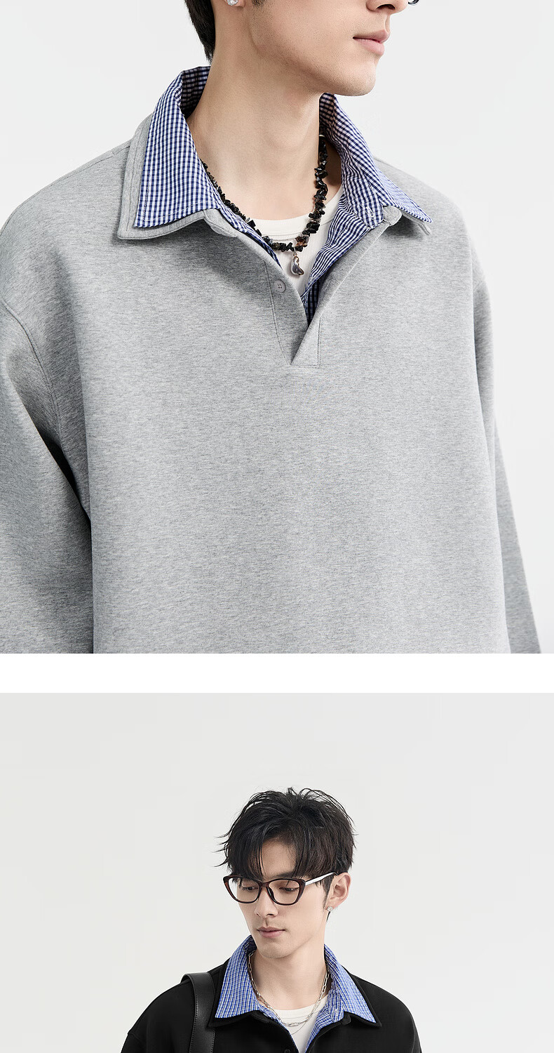 Earl Zore Premium Layered Shirt Collar Pullover Sweatshirt for Men Loose Casual Top 8
