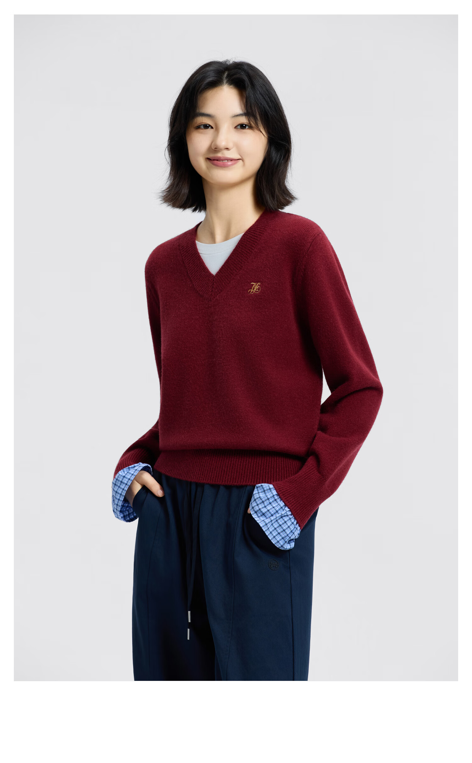 Meters Bonwe Women's Sweater 2025 Winter New Casual Two-Piece Lace Color-Block Plaid Top 7