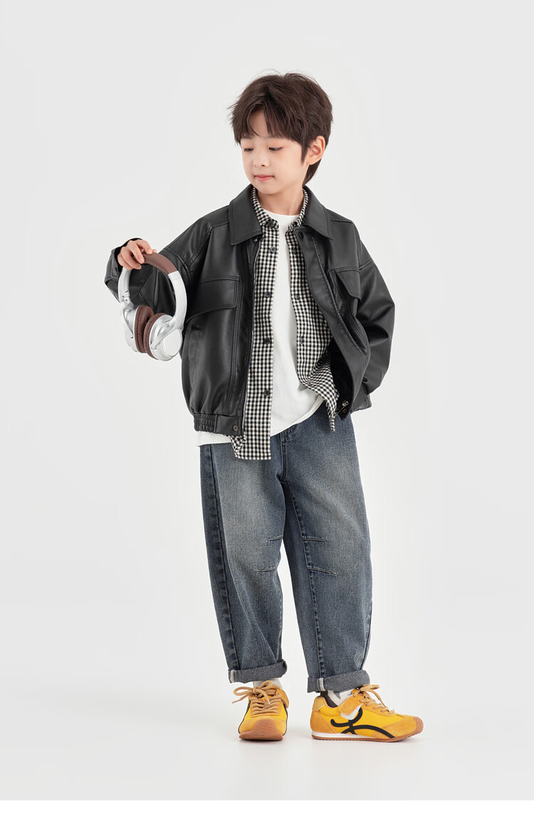Duoduo Boys Casual Jacket Spring Autumn Fashion Stylish Trendy PU Leather Loose Fit Lapel Functional Windbreaker 6