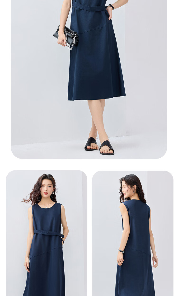 Giordano Women's Summer Dress, Lyocell Solid Color Waist Belt Round Neck Vest Dress 13465321 11