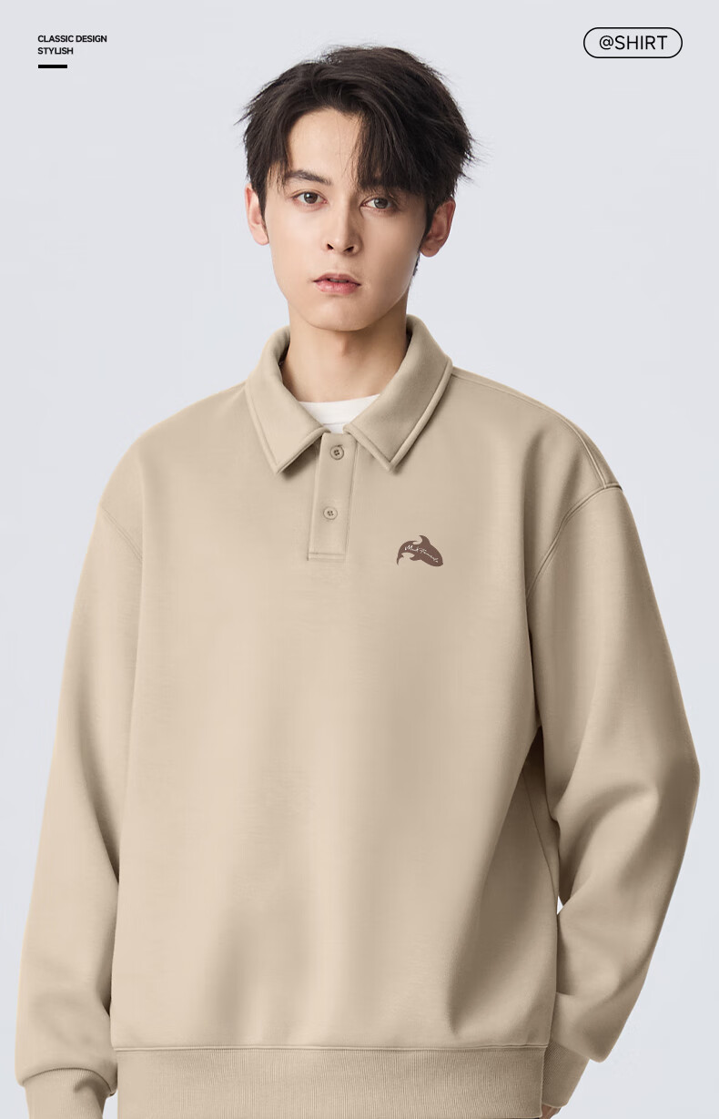 Mark Fairwhale American Heavyweight Fleece-Lined Polo Collar Casual Long Sleeve Sweatshirt Men Sand Color XL Fall/Winter 2025 2