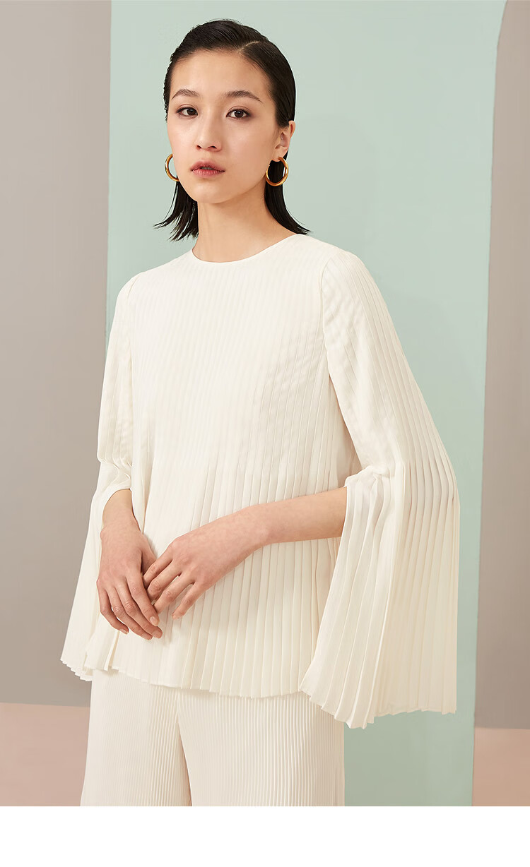 ovv女装春夏褶皱微喇百褶袖罩衫女米白54s