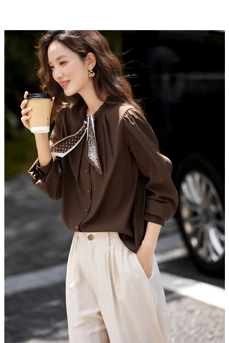 Vimly Vintage Scarf Tie Round Neck Linen Blend Shirt Women Spring New Dark Roast Brown M 9