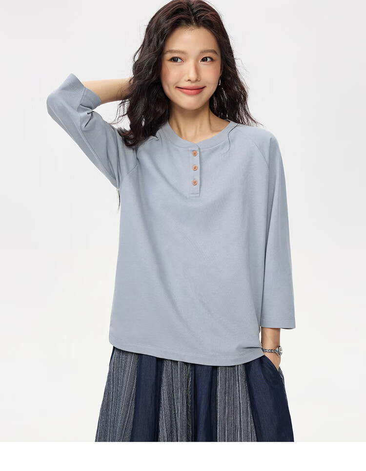 Zara Women's Autumn Pure Cotton American Style Henley Neck Drop Shoulder Seven-Quarter Sleeve Top 13325771 18