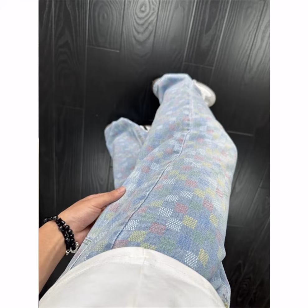 Color Plaid Jeans Men's Autumn Trend Slim-Fit Skinny Pants American High Street Straight Casual Pants, Blue S_mkmklike.com