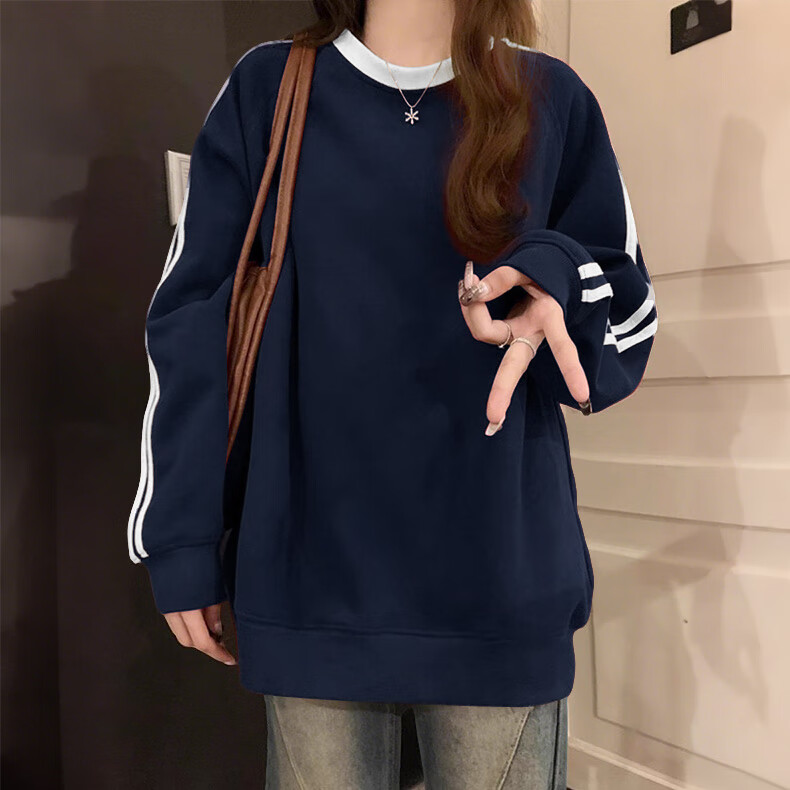 Jeanswest American Casual Navy Crew Neck Sweatshirt for Women 2026 Spring New Loose Fit Hoodless Long Sleeve Top with Two Stripes 12