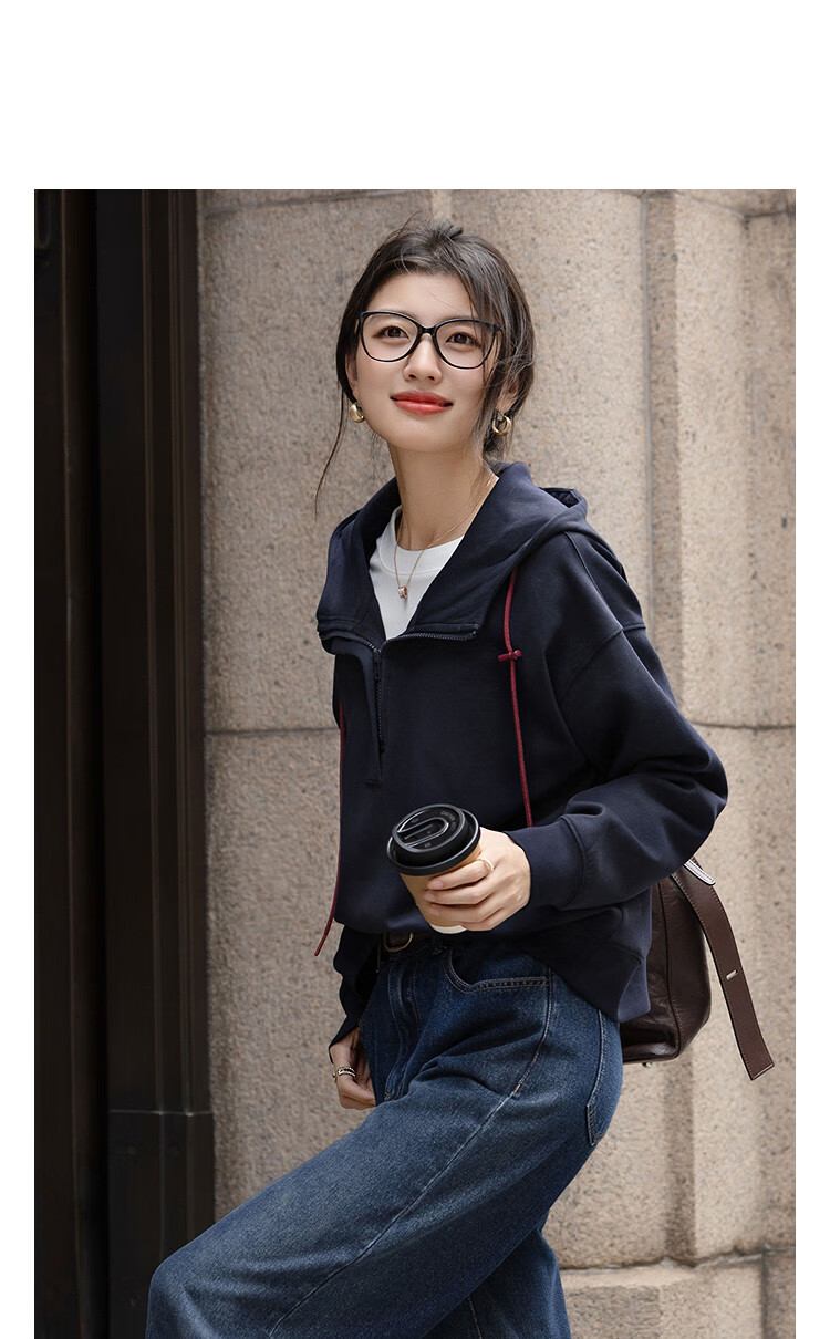 Demana [Comfort Elastic 280G Air Layer] Autumn Hooded Half-Zip Loose Fit Petite Women's Sweatshirt Top 2