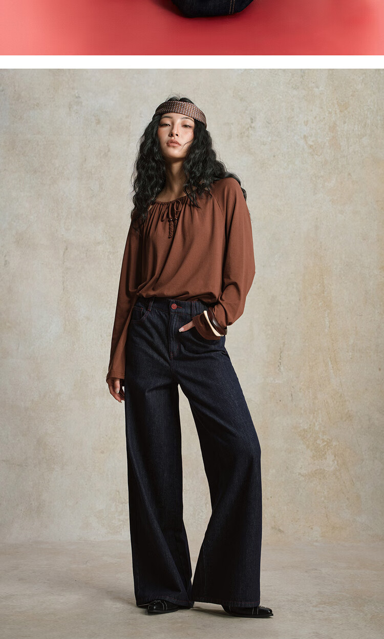 Giordano [Lu Zhengyi Star Edition] Autumn Winter Semi-Elastic Waist Natural Color Wide-Leg Jeans for Women 18415820 5
