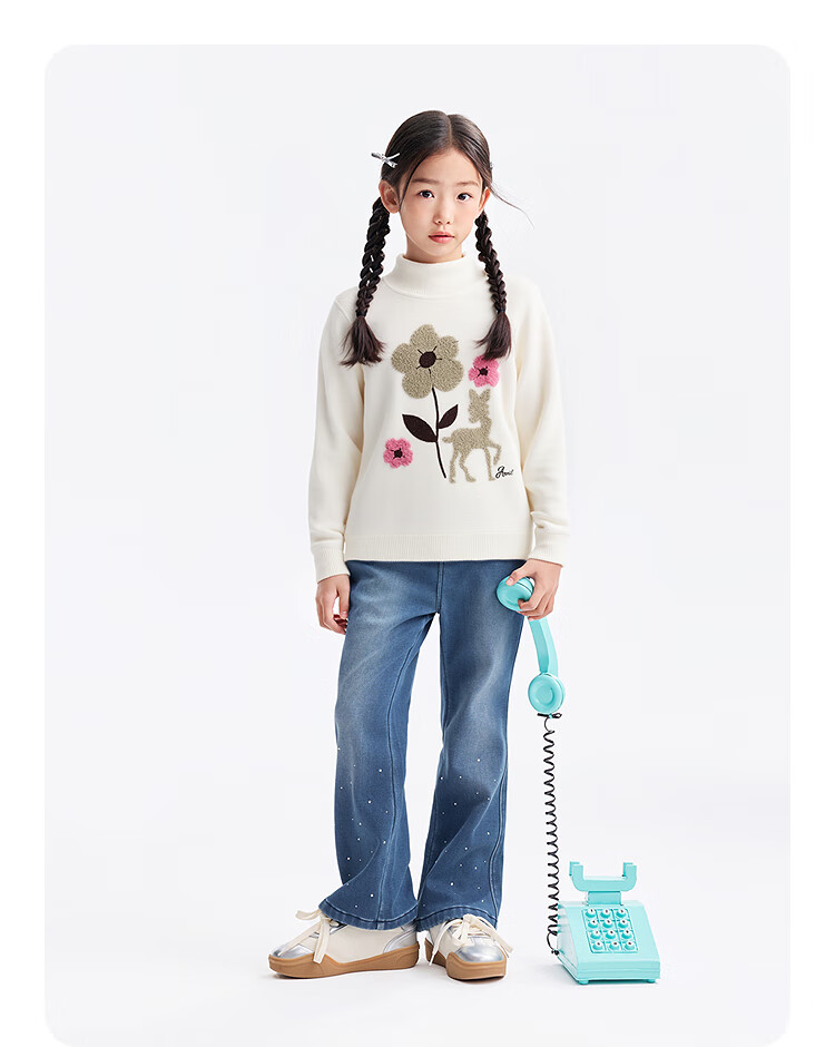 Annil Kids Girls High Collar Long Sleeve Knit Sweater 2025 Winter New Milk Candy White 120 7
