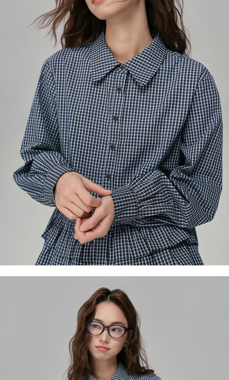 Giordano Designer Autumn Pure Cotton Lace American College Plaid Long Sleeve Shirt for Women 18345911 16