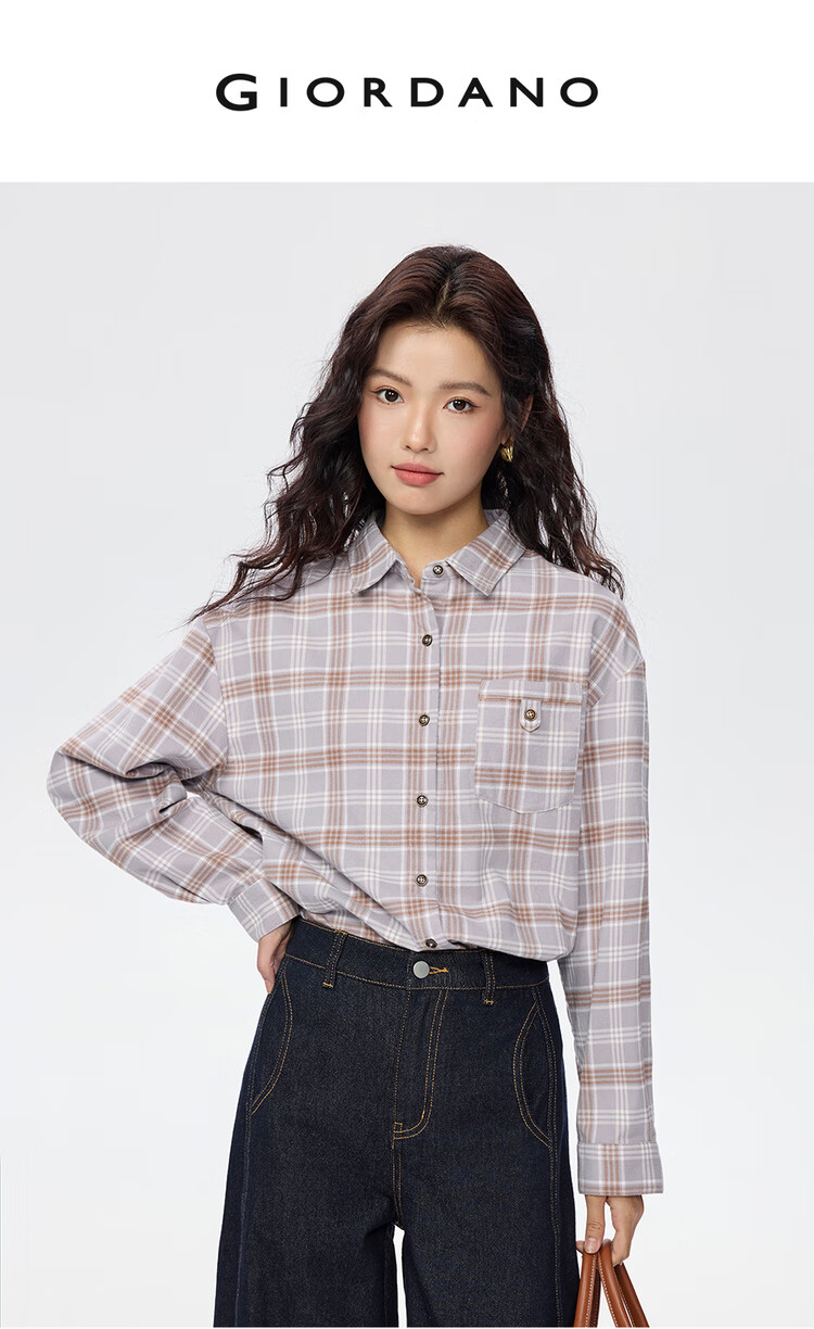 Giordano Women's American Style Plaid Flannel Shirt Autumn Winter New Pure Cotton Loose Long Sleeve Shirt 05345876 3