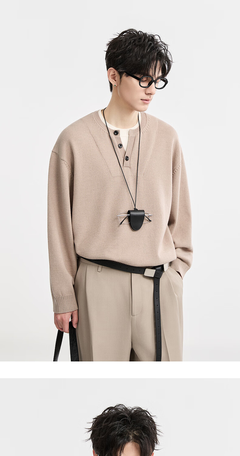 Earl Zuoer Wool Blend Two-in-One Henry Collar Autumn 2025 Long Sleeve Knit Base Shirt Men's Colorblock Sweater 7