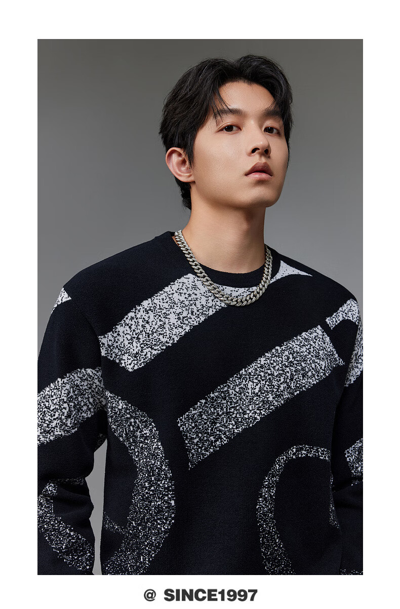 CABBEEN 100% Combed Cotton Men's Logo Geometric Colorblock Jacquard Winter Long Sleeve Sweater 3