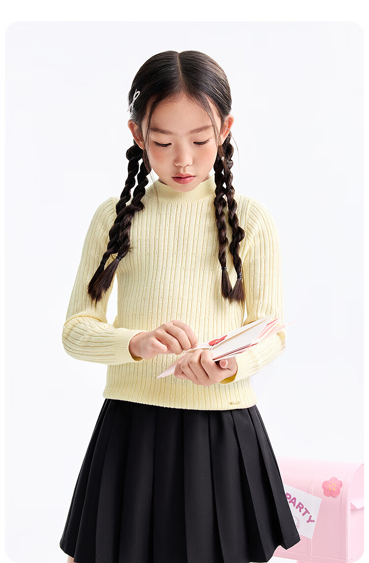 Annil Kids Girls' Mid-Neck Long Sleeve Knit Sweater 2025 Winter New Slim Fit Base Shirt Energetic Pink Size 150 3
