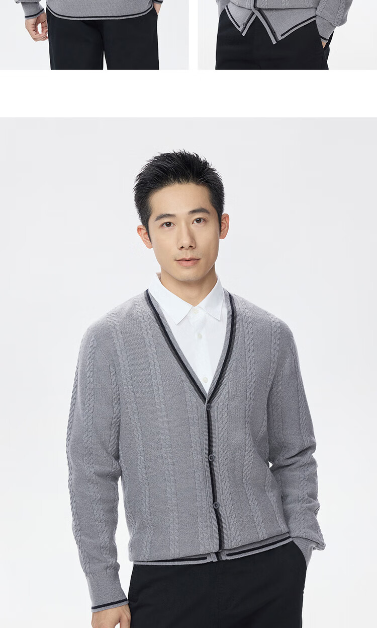 Giordano Men's Autumn Winter Knitted Cardigan V-Neck Sweater with Contrasting Edges and Twisted Floral Pattern 13055753 18