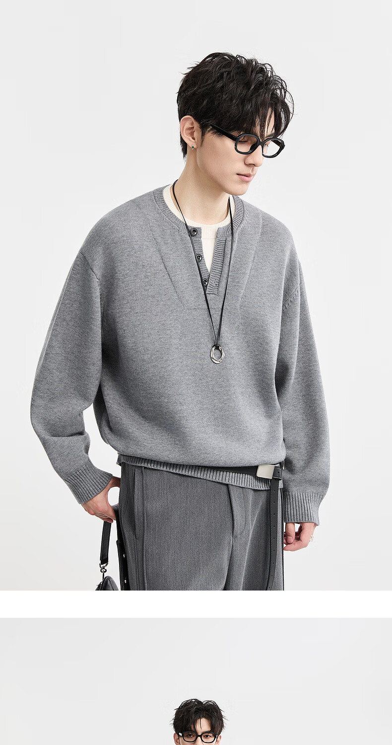 Earl Zuoer Wool Blend Two-in-One Henry Collar Autumn 2025 Long Sleeve Knit Base Shirt Men's Colorblock Sweater 13