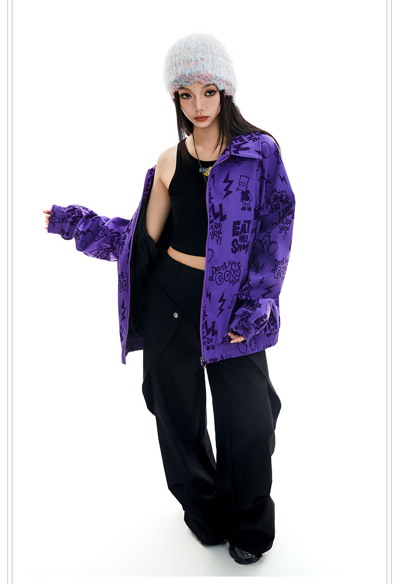 THE SIMPSONS Casual Loose Printed Polo Collar Trendy Unisex Jacket Purple Regular 2XL 3