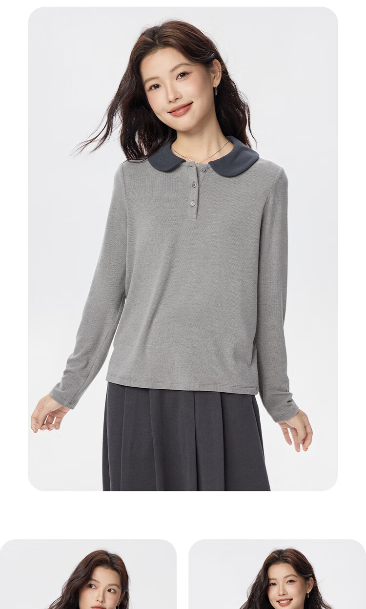 UNIQLO Women's Polo Ribbed Fine Pique Striped Contrast Doll Collar Knit Long Sleeve POLO05315789 8