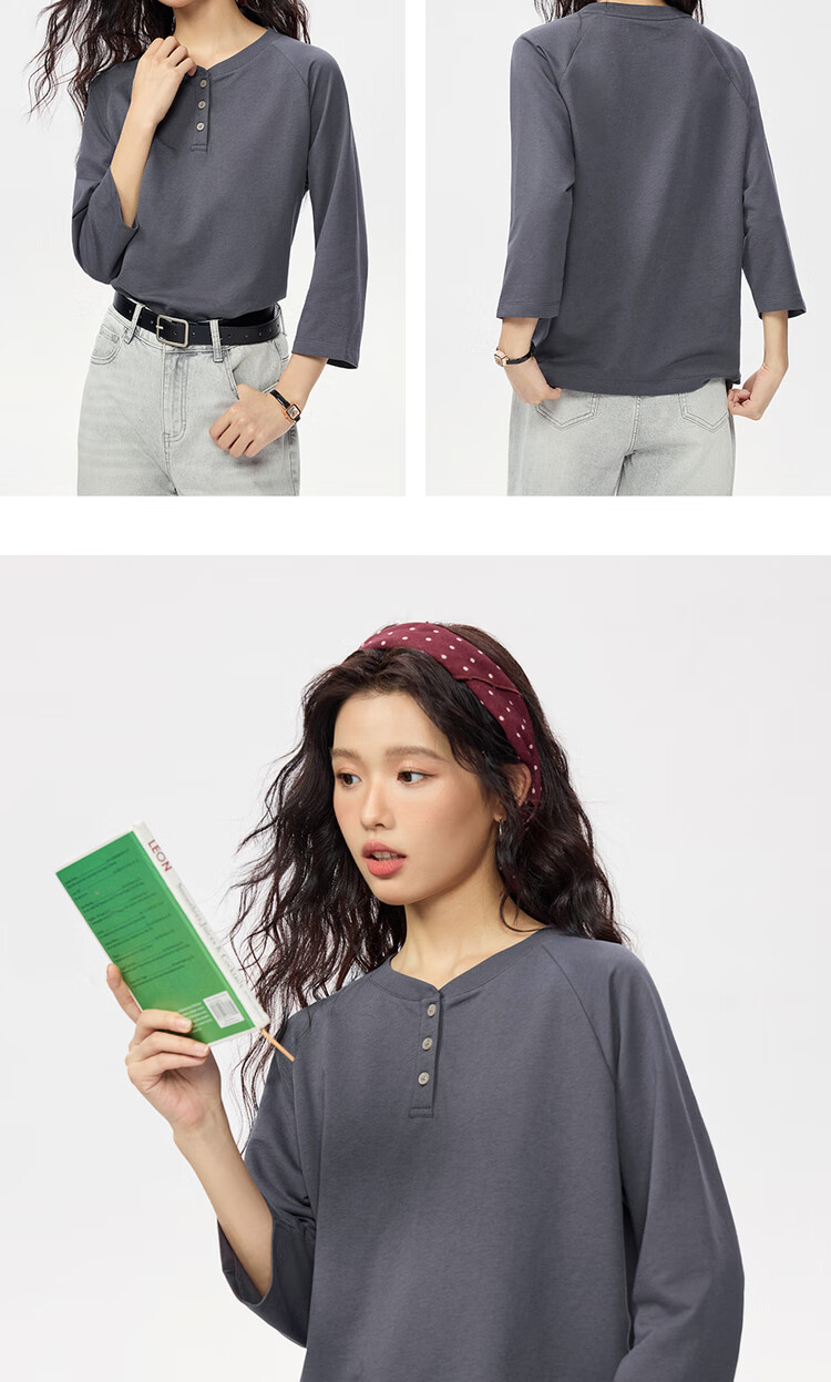 Zara Women's Autumn Pure Cotton American Style Henley Neck Drop Shoulder Seven-Quarter Sleeve Top 13325771 11