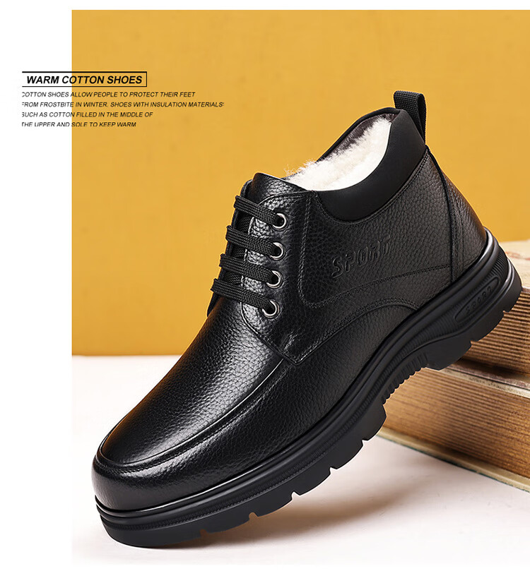 Hengyuanxiang Men's Martin Boots Fleece-lined New Snow Boots First Layer Cowhide Cotton Work Boots J63801 Black 40 5