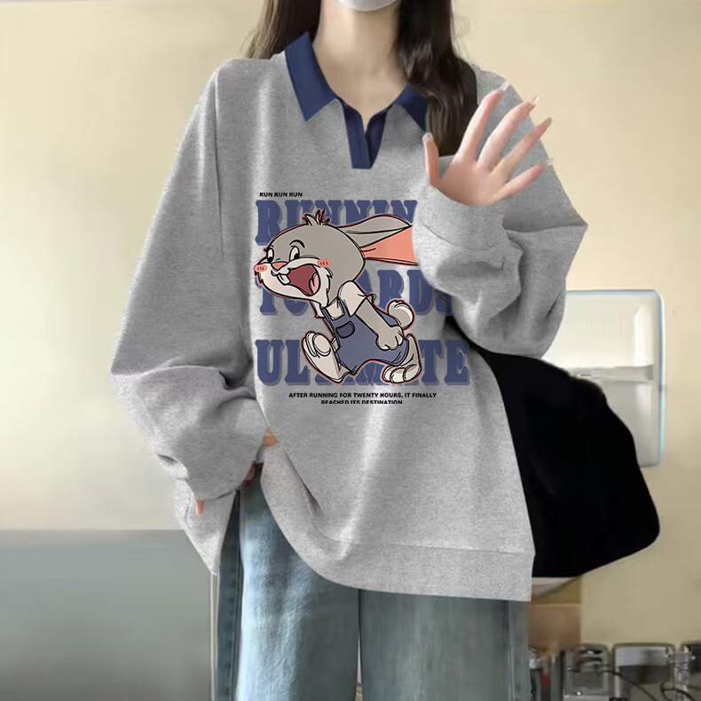 Jeanswest Women's Heather Gray Polo Collar Sweatshirt 2026 New College Style Lazy Chic Top Colorblock Jacket 16