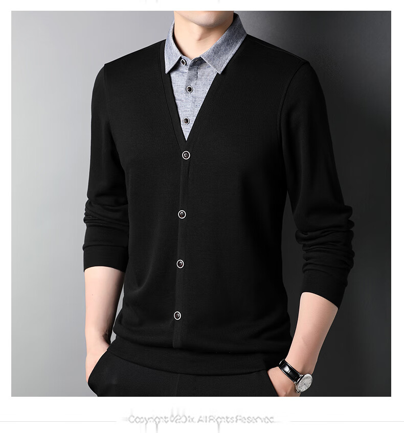 ROMON Autumn Winter Fake Two-Piece Knit Sweater Men Lapel Base Shirt Business Casual Warm Sweater for Young and Middle-Aged Men 10