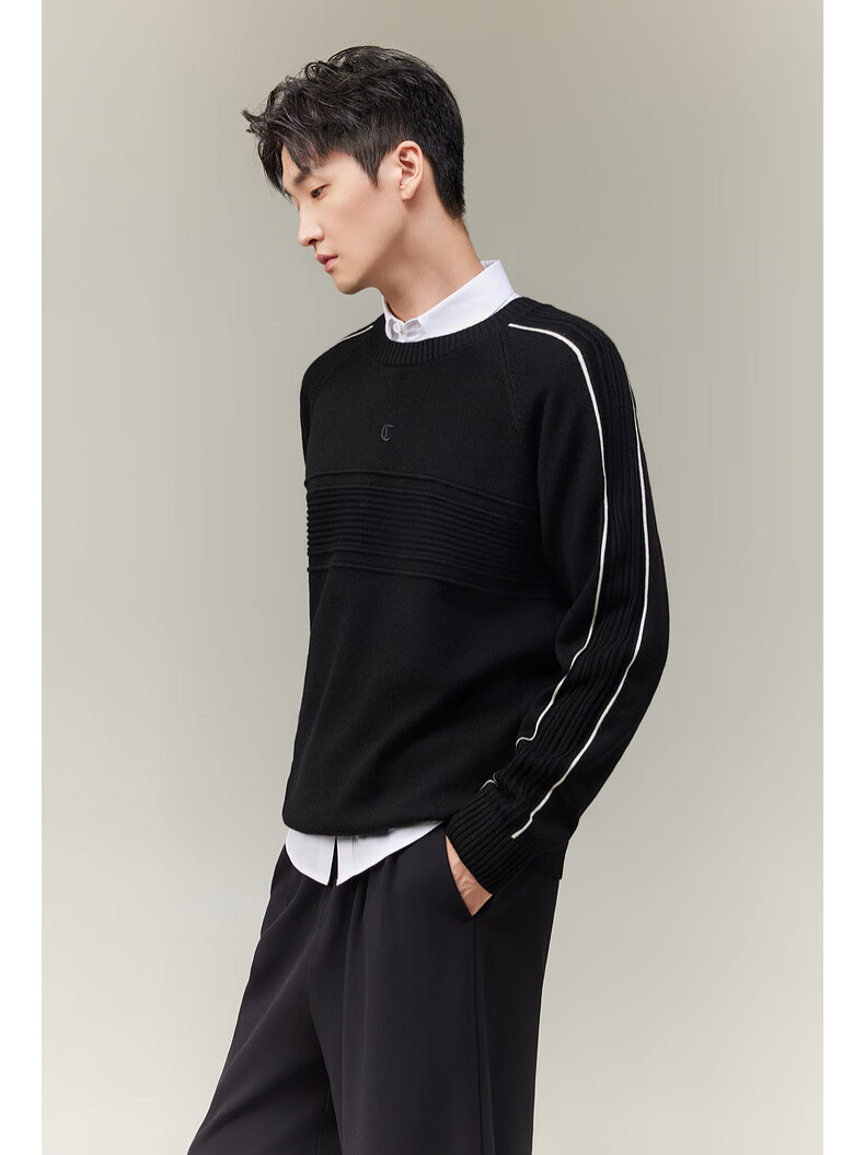 CABBEEN Men's Striped Textured Jacquard Casual Winter Long Sleeve Sweater (70% Acrylic, 30% Wool) 2