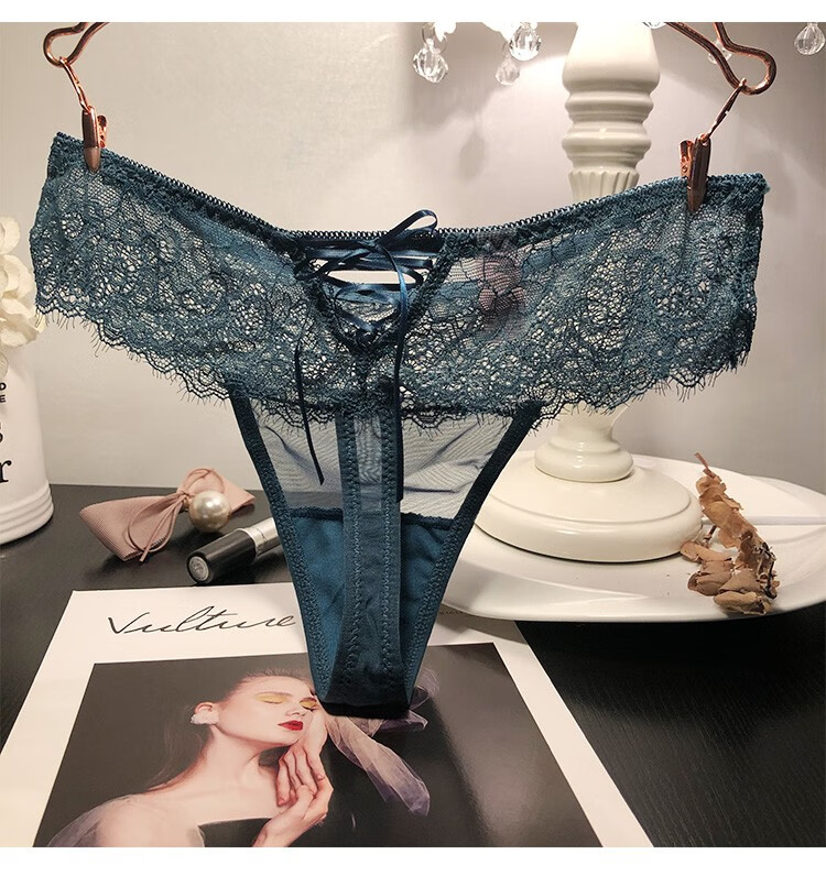 拉夏贝尔homme旗舰密语私物欧美性感丁字内裤女蕾丝系带装饰低腰透明t