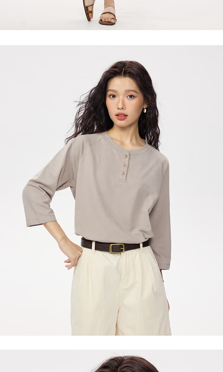 Zara Women's Autumn Pure Cotton American Style Henley Neck Drop Shoulder Seven-Quarter Sleeve Top 13325771 13