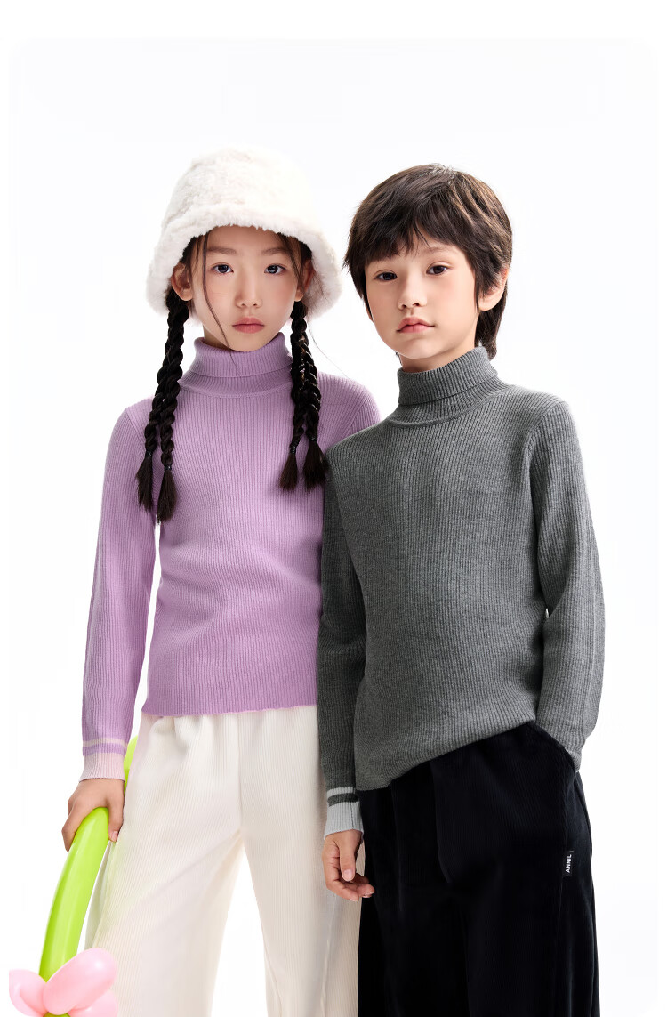 Annil Kids Boys and Girls High Collar Long Sleeve Knit Sweater 2025 Winter New Twilight Flower Gray 150 6