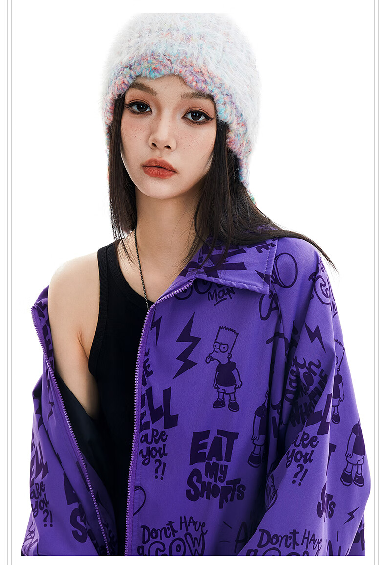 THE SIMPSONS Casual Loose Printed Polo Collar Trendy Unisex Jacket Purple Regular 2XL 4