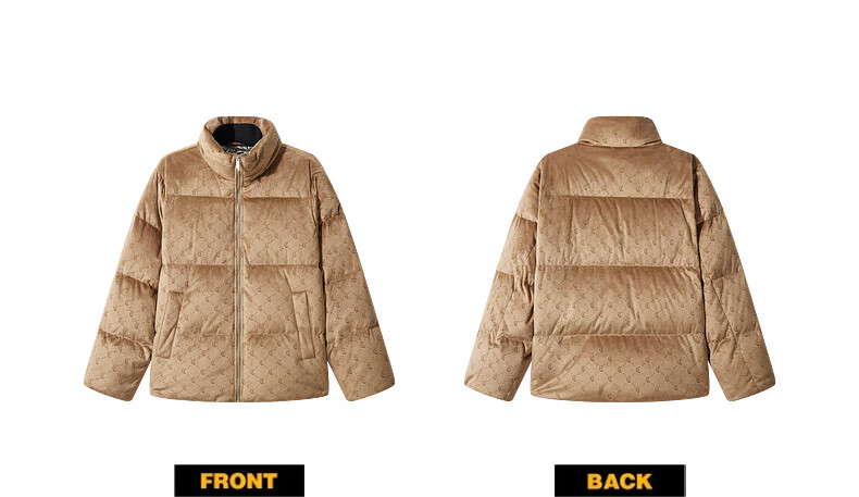 CABBEEN Men's Logo Laser Burnt Floral Velvet Down Jacket Casual Winter Coat 11