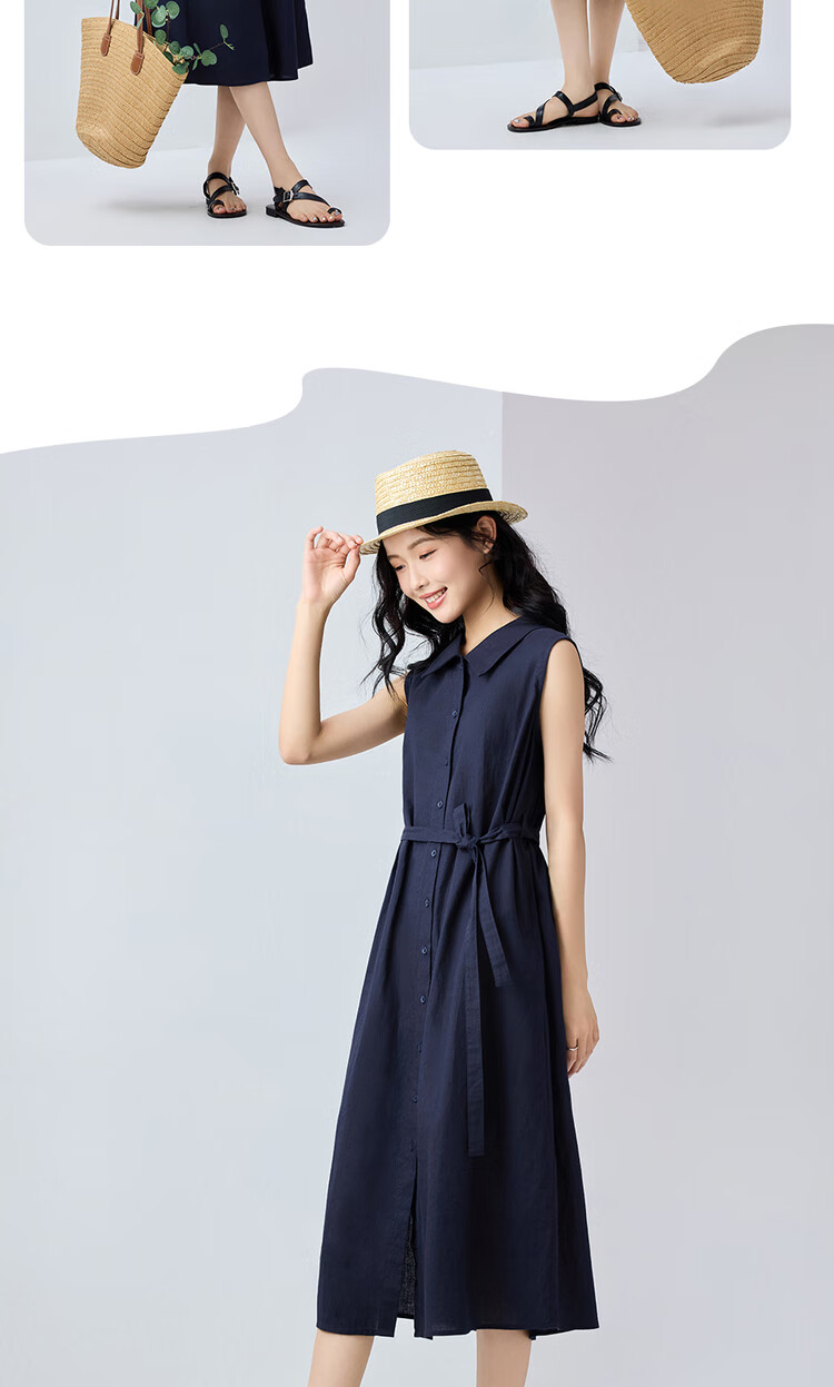 Giordano Sleeveless Linen Dress for Women, Summer New Style, Cotton-Linen Lightweight Tie-Up Collar Vest Dress 13465353 15