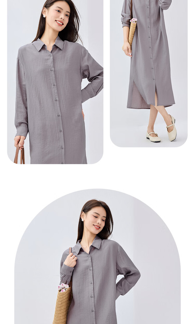 Giordano Women's Dress, 2026 Spring New Style, Side Slit with Subtle Stripes, Long-Sleeve Shirt Dress for Women, 05465070 14