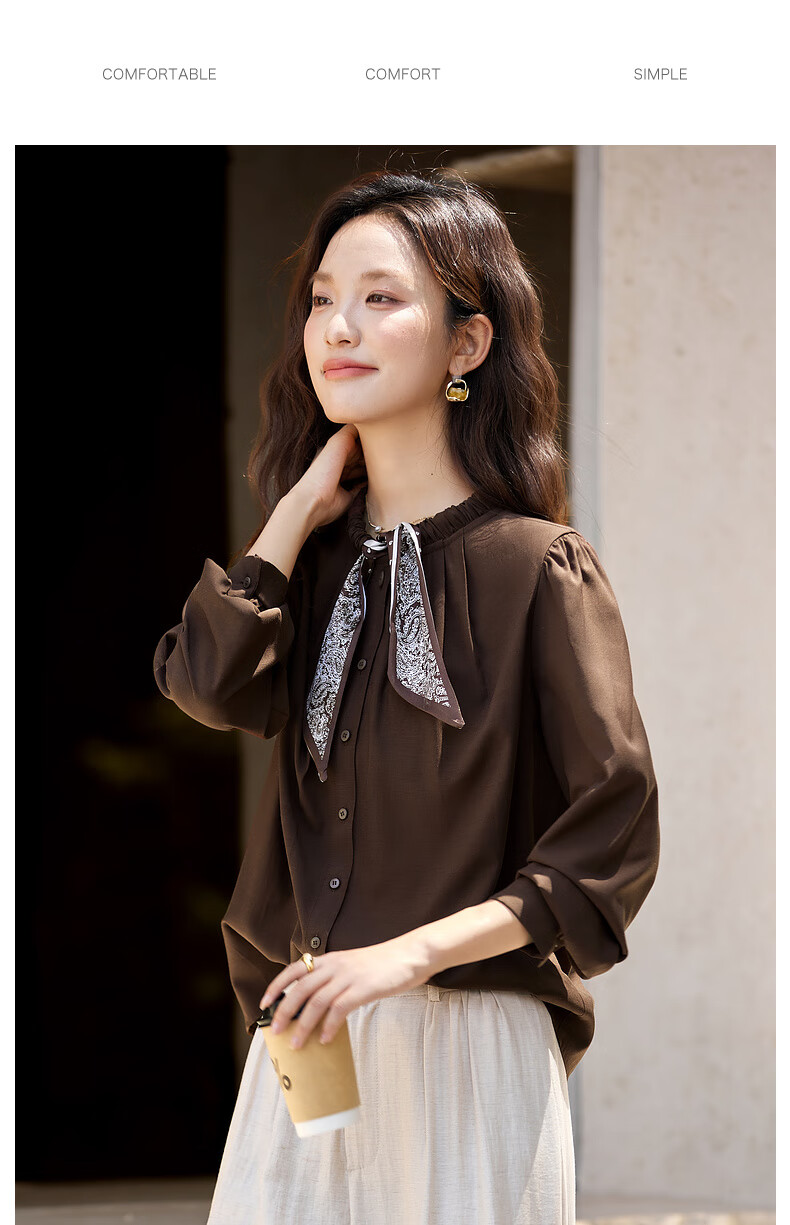 Vimly Vintage Scarf Tie Round Neck Linen Blend Shirt Women Spring New Dark Roast Brown M 3