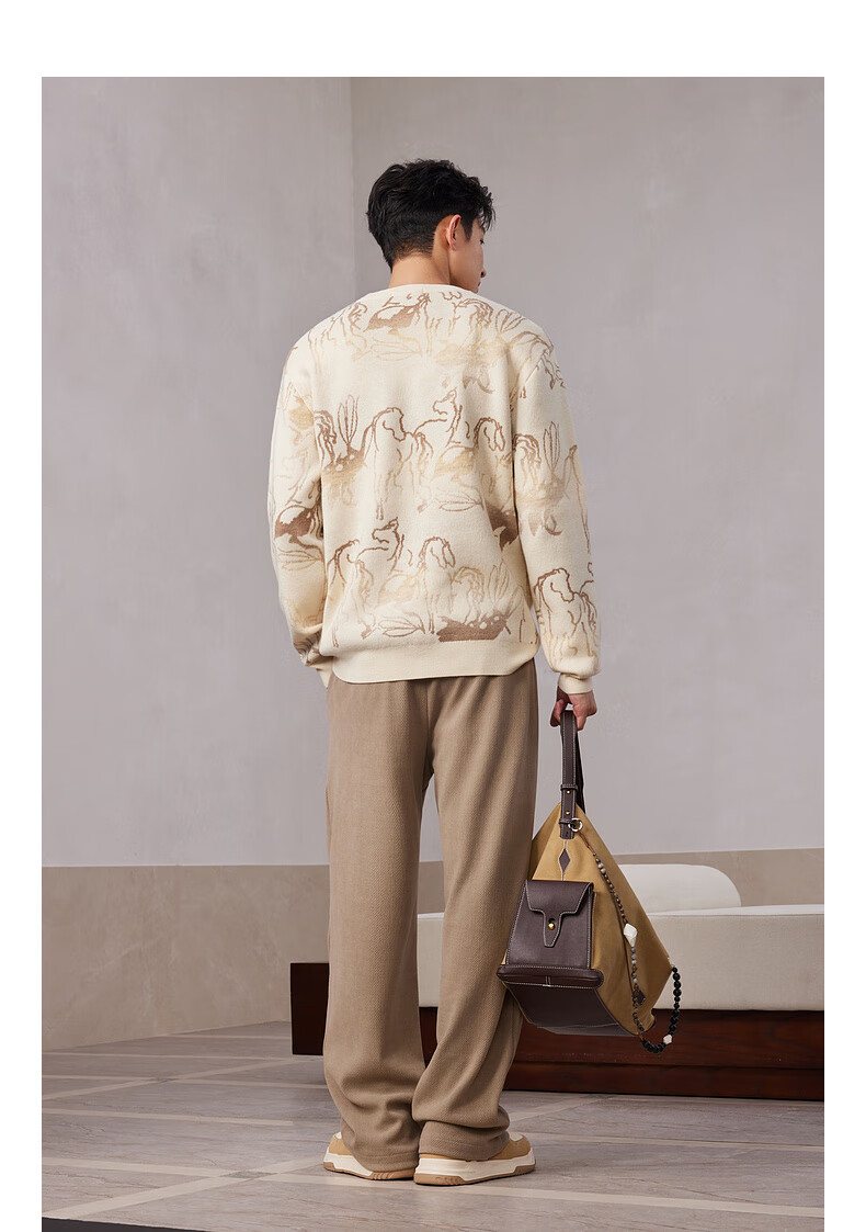 CABBEEN 100% Combed Cotton Men's Artistic Pattern Jacquard Gradient Yarn Winter Long Sleeve Sweater 9