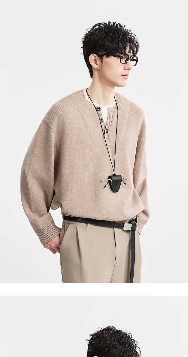 Earl Zuoer Wool Blend Two-in-One Henry Collar Autumn 2025 Long Sleeve Knit Base Shirt Men's Colorblock Sweater 10