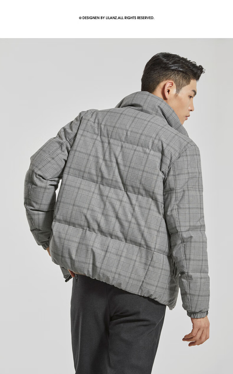 利郎男装色织格纹羽绒服男短款冬季新款白鸭绒冬季外套 黑灰间色(g2d