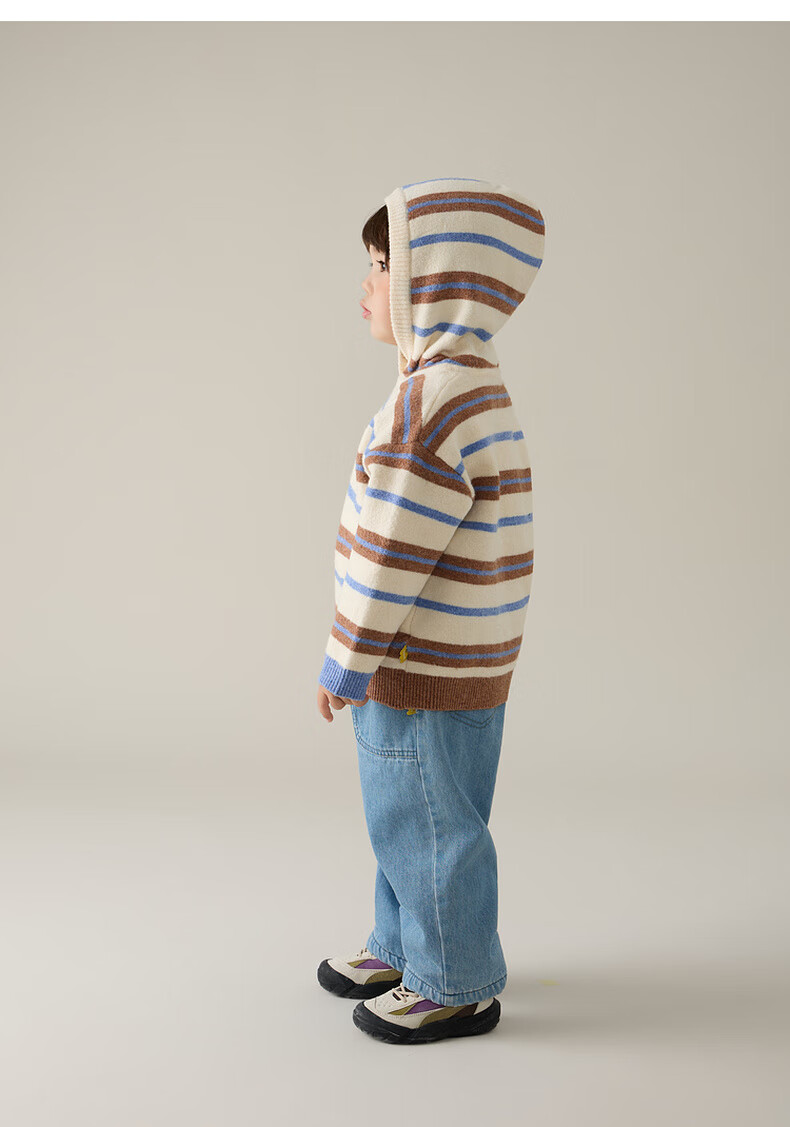 Papapapa Autumn Winter New Children's Sweater Boys and Girls Stylish Striped Hooded Loose Knit Pullover Pink Size 90 5