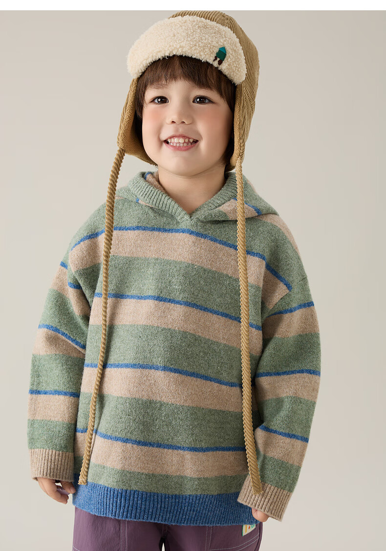 Papapapa Autumn Winter New Children's Sweater Boys and Girls Stylish Striped Hooded Loose Knit Pullover Pink Size 90 11