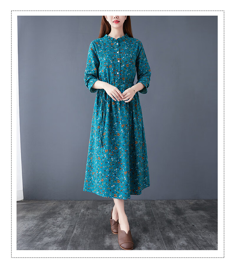 素订棉麻女装官方素素杭州连衣裙女年秋冬季收腰气质森系碎花长袖打底