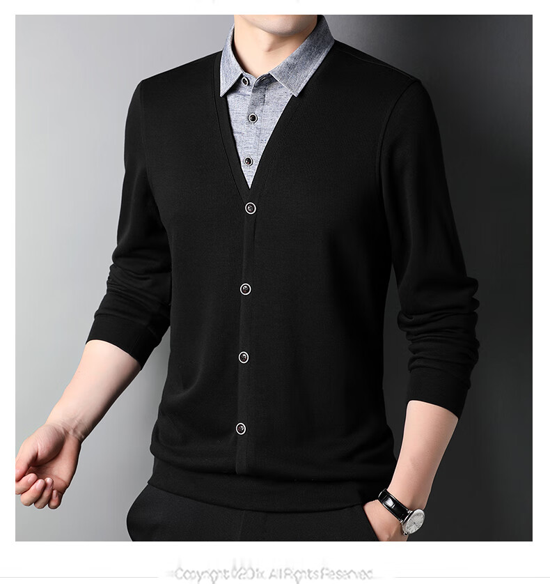 ROMON Autumn Winter Fake Two-Piece Knit Sweater Men Lapel Base Shirt Business Casual Warm Sweater for Young and Middle-Aged Men 11